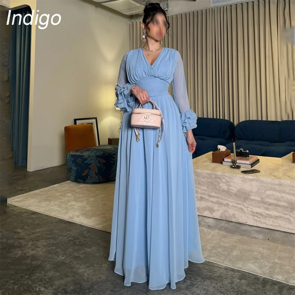

Indigo Claaic Blue A-Line Evening Dress Women Long Sleeve V-Neck Pleat Chiffon Formal Party Prom Gown فساتين سهرة Customized