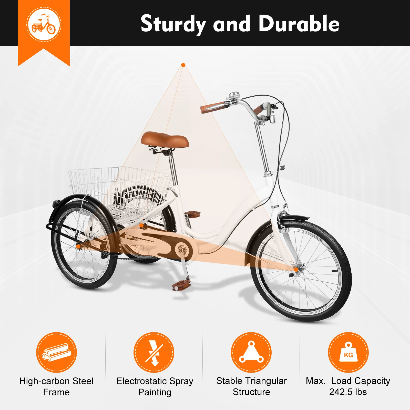 20 Inch  Single-Speed Modern Tricycle Adjustable Three-Wheeled Bikes with Basket Shopping Tricycle with White and Black