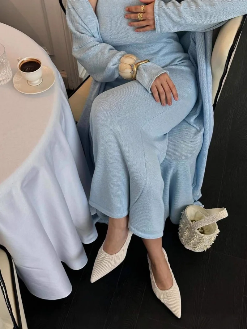 

Ленивый открытый кардиган из чистого хлопка, сексуальный вязаный комплект, длинное платье на бретелях, приятные для кожи комплекты глубокой вязки, повседневный костюм, комплект