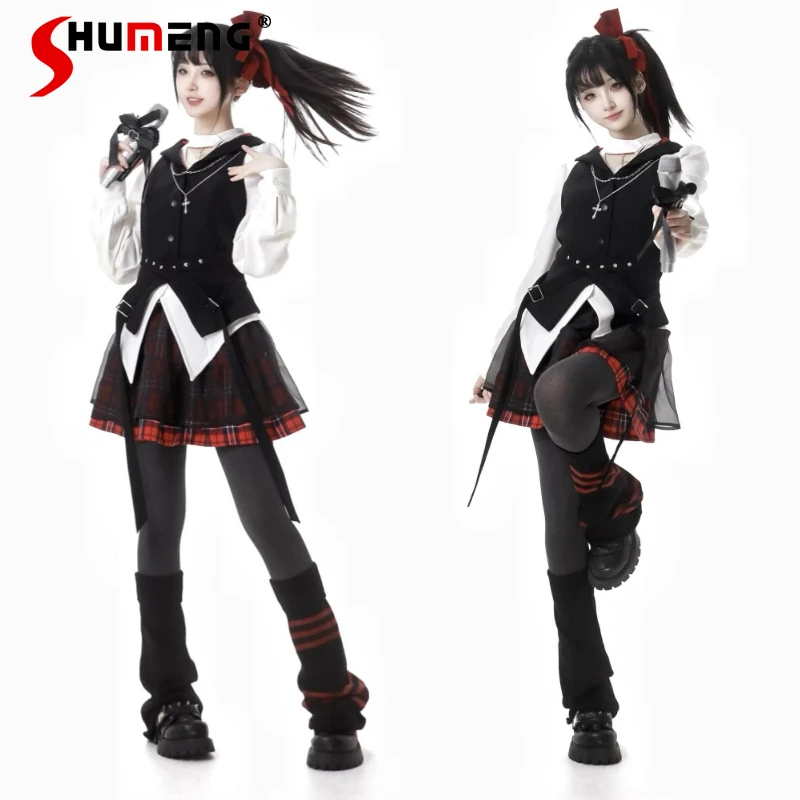 

Original Design Sweet Cool Singing Clothes Autumn New Girl's Long Sleeve Shirt Hooded Vest Plaid Skirt Set Womens Y2k Outfits