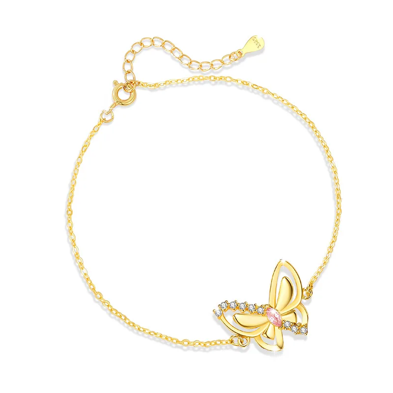 

S925 Sterling Silver Exquisite Shining Zircon Hollow Butterfly Bracelet Gold Plated Color Women's Birthday Anniversary Gift
