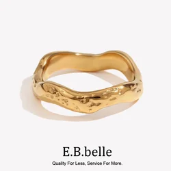 E.B.belle Beat Pattern Wave Plain Ring Waterproof Tarnish Free 18K Gold Plated Women's Rings 316L Stainless Steel Accessories