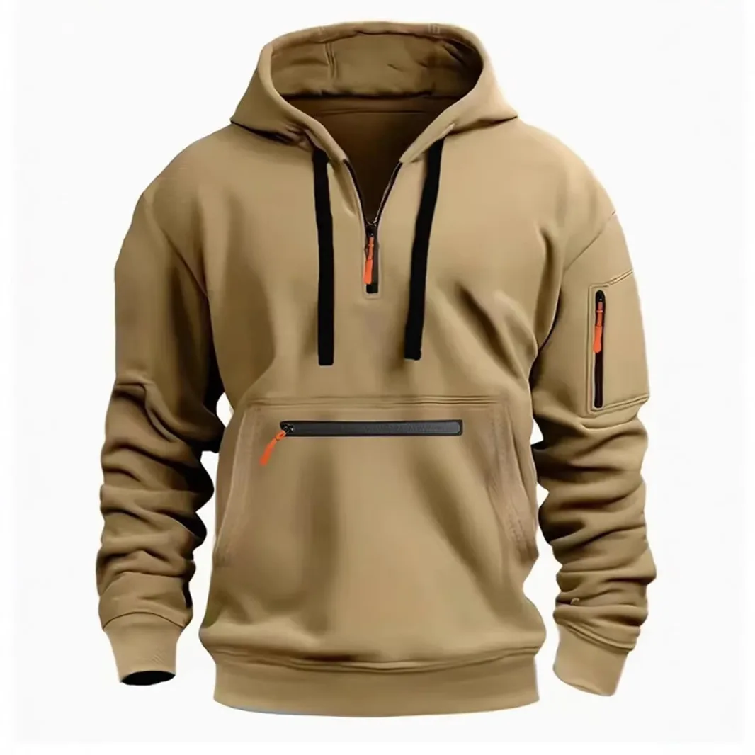 Men\'s hooded drawstring zipper pocket autumn and winter Hoodies fashion casual daily street solid color plus cashmere warm Tops