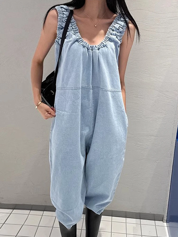 

Summer New Chic Vintage Folded V-ne Loose Casual Wide-leg Denim Overalls Long Pants Women's High Waist Blue Jeans