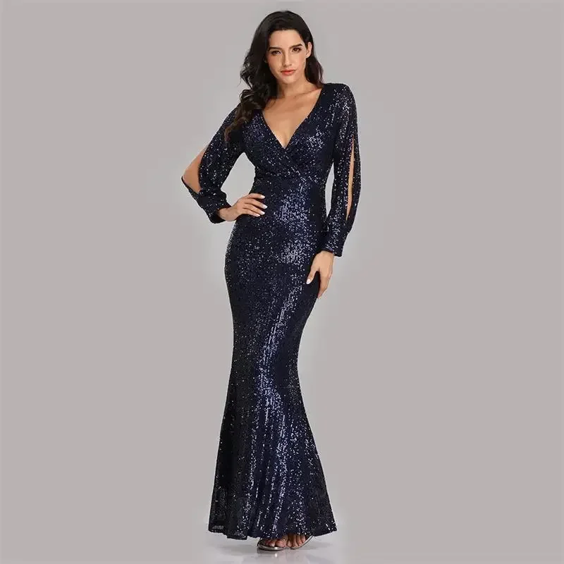 Vestido Dress Women Evening Outfits Elegant Large Sleeves V-Neck Sequin Fish Tail Solid Color Slim One Piece Set Long Frock