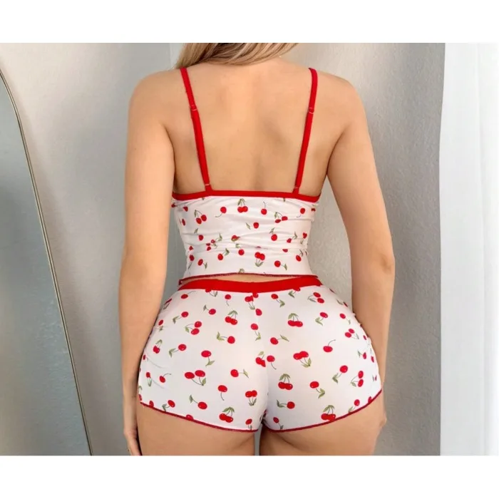 جرلي الكرز طباعة قطعة واحدة منامة للنساء مع الخصر رقيقة الخامس الرقبة الصدر أعلى نيسيي السروال القصير 2 قطعة مجموعة تي شيرتات قصيرة للأطفال صيف 2025