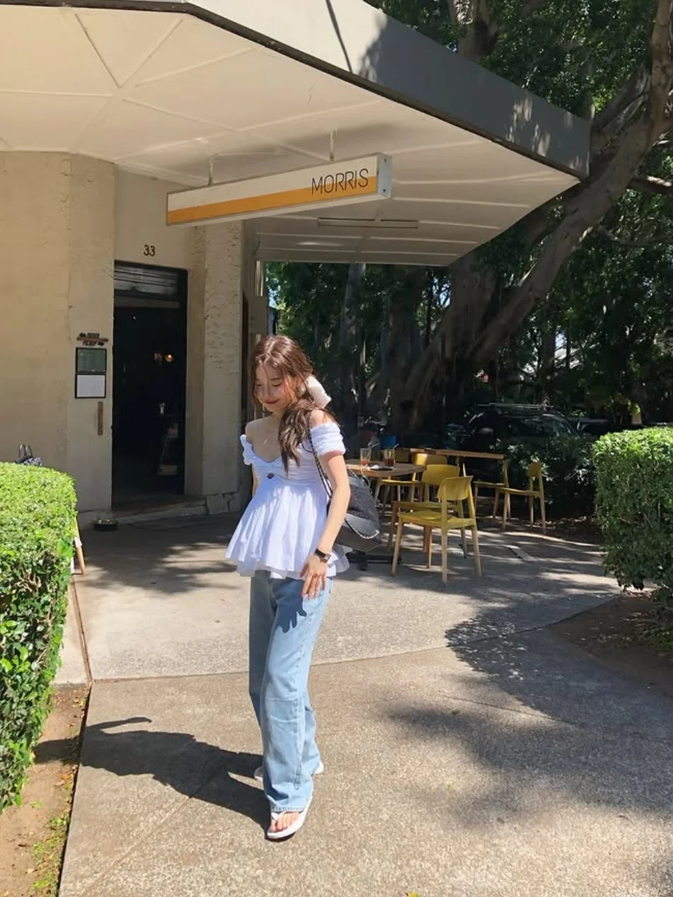 Thebarn*et Spring Knot Strapl oulder Bared irt White Fairy Top Donna Casual Faion Cotton V-ne ort Sl...