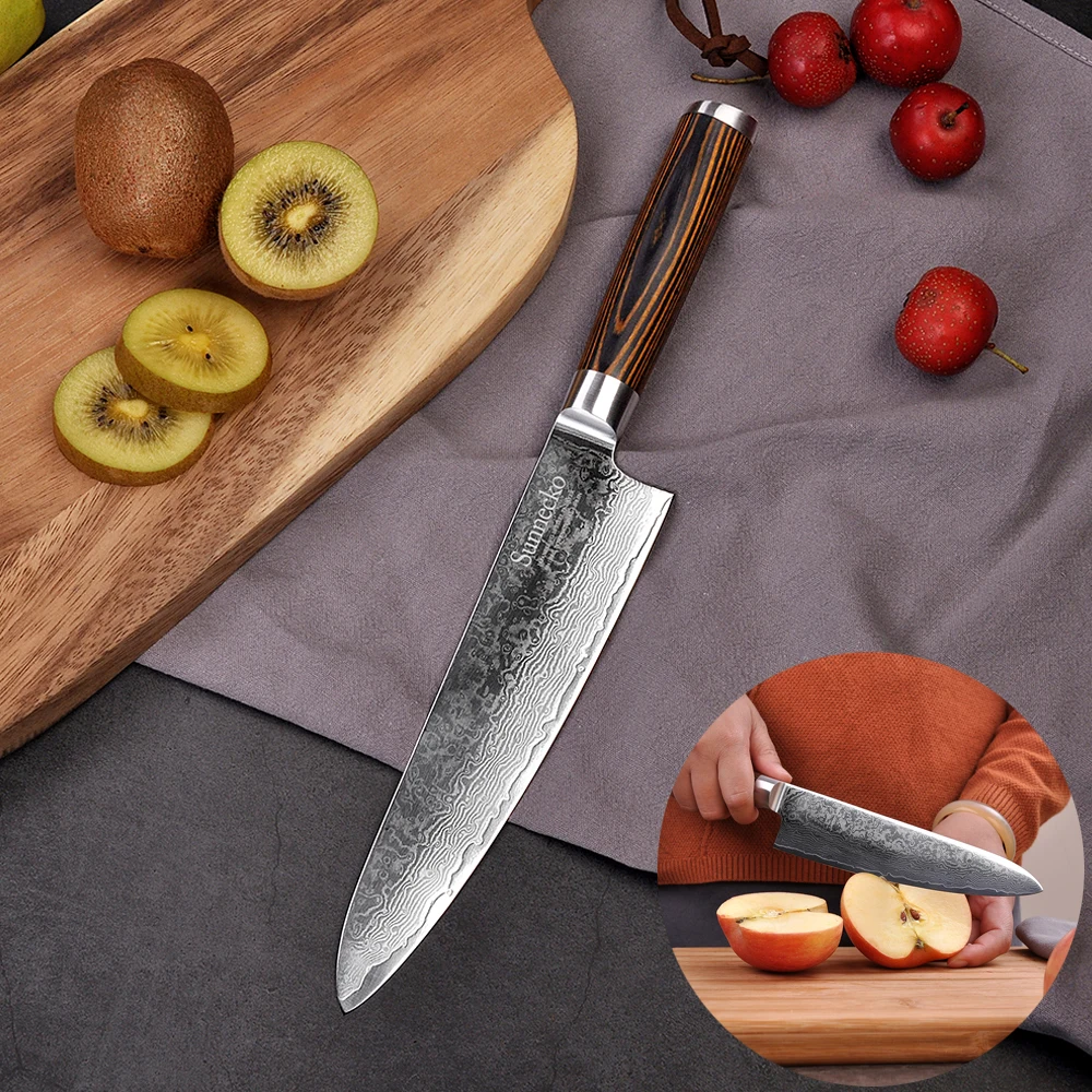 Sunnecko Damascus Steel Kitchen Knife 1-3pcs/set 8'' Chef Bread Slicing Wooden Handle Meat Fish Toast Cake Knifes Tool Gift Box