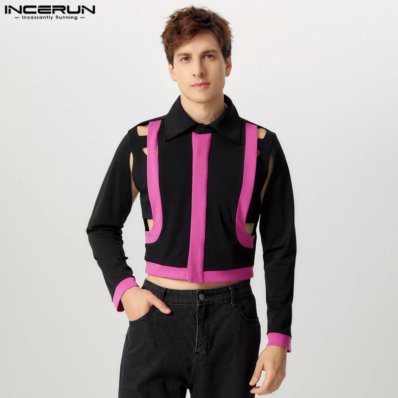 INCERUN Men Colorblock Simple Shirts 2024 Long Sleeve Hollowing Simple Knitted Chemise Deconstruction Handsome Male Tops Blusas