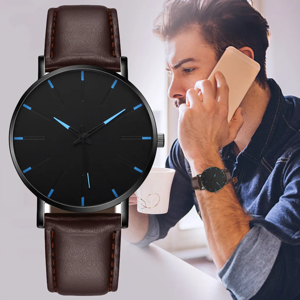 Men'S Watch Fashion Simple Leather Strap Round Dial Quartz Watches Daily Business Casual Classic All-Match Quartz Watch