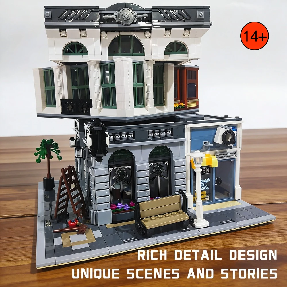 

Конструктор Street Views Bricks Bank Pari Restaurant: Набор для сборки креативного дома-модели, подарки на Рождество для декора комнаты