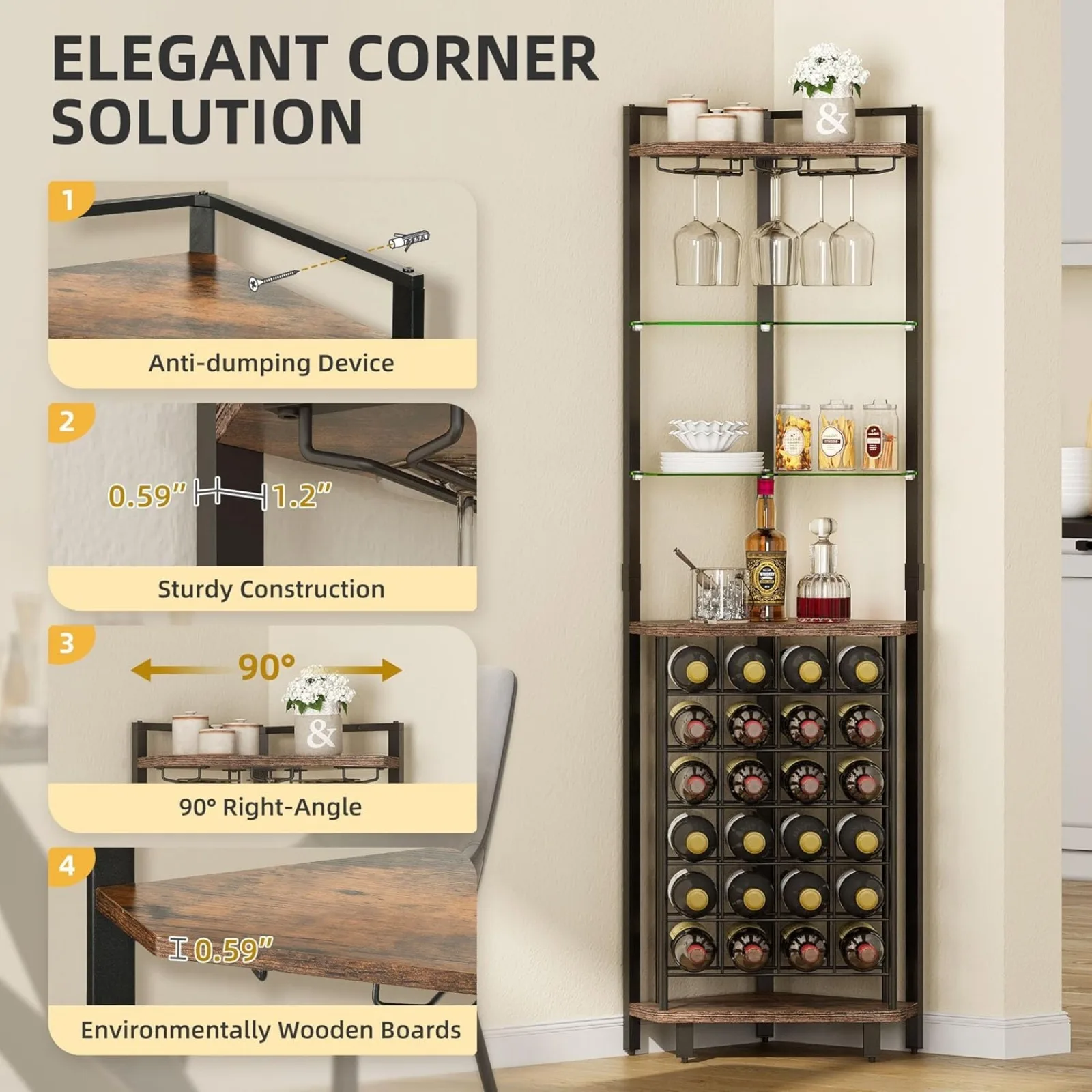 US Corner Bar Cabinet with LED Light and Outlet, Wine Rack Freestanding Floor with Glass Holder and Bottle Wine Storage.