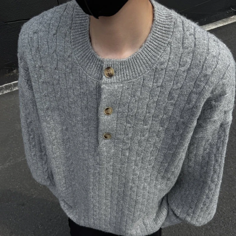 

Henry Collar Men's Sweater Knitwear Pullover Spring Autumn Coarse Wool Sweater Male Vintage Button Knit Fashion Casual Pullover