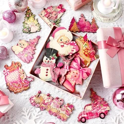 12Pcs Christmas Wooden Ornament Pink Snowman Santa Claus Deer Pendant For Xmas Home Tree Decorations New Year Gifts Supplies
