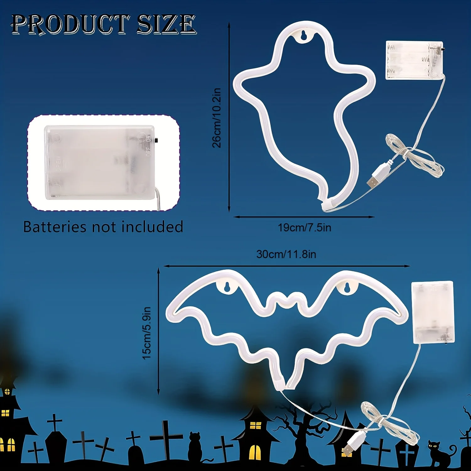 2pcs, bat+ghost neon lights, USB or battery powered, Halloween Happy LED light logo, interior decoration, party decoration