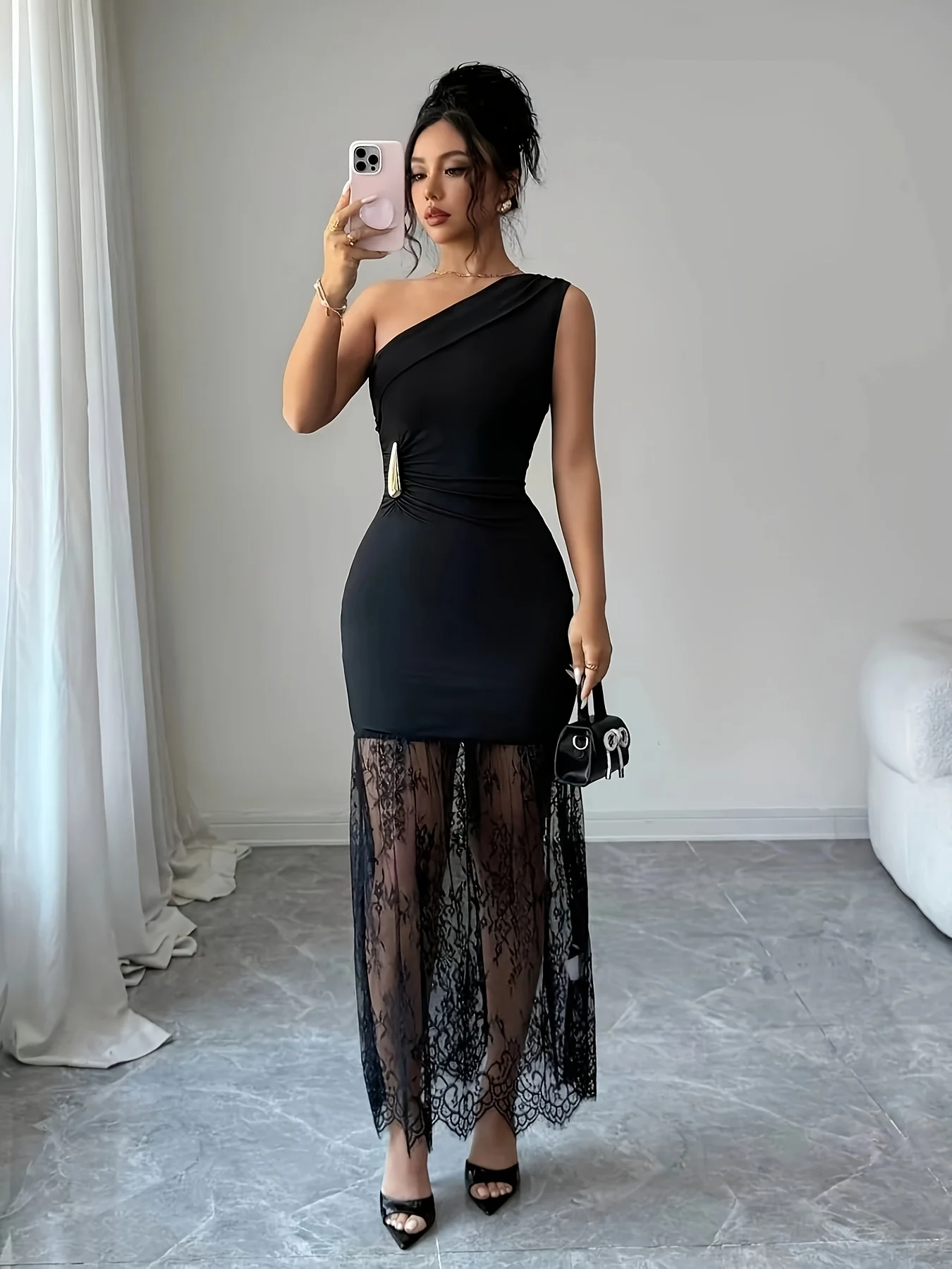 JULISSA MO Patchwork-Spitzenkleid, sexy, schulterfrei, Maxikleid für Damen, schwarz, ärmellos, Abendkleid, Sommer, schmal geschnitten, elegant, Party- und Clubkleid – Detail 4