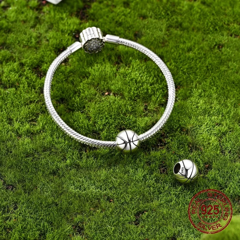 925 Sterling Silver Basketball Bead Charm Black Enamel Seams & Polished Finish Fit Bracelets Jewelry Gift for Men Women Kids view 4
