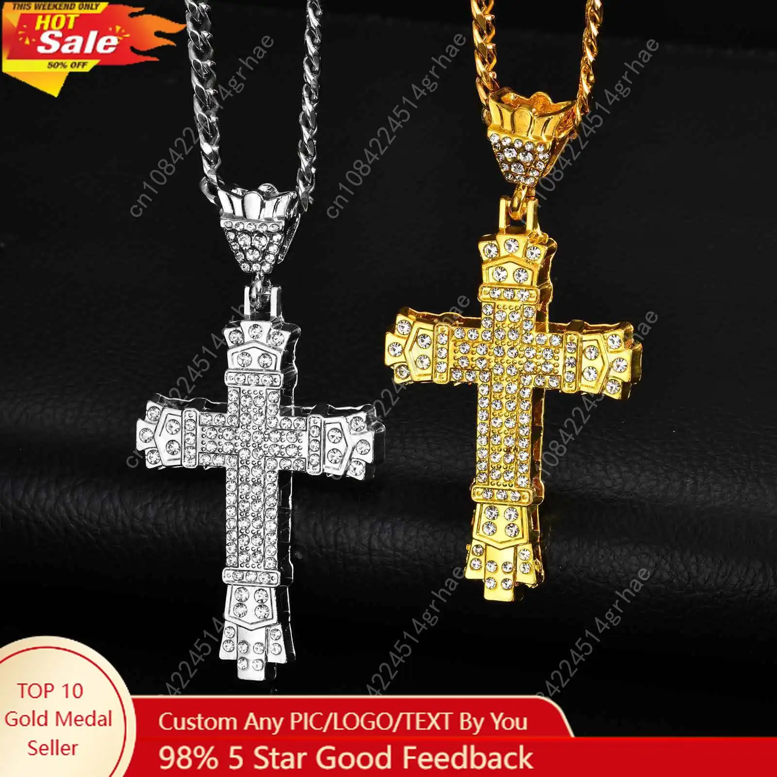 

Hiphop Rhinestone Cross Necklace for Men Boys,Punk Rap Street Cool Cross Metal Pendant with Stainless Steel Cuban Chain Gift