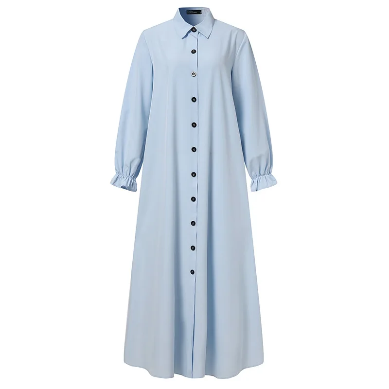 Muslim Fashion Abaya Vintage Button Cardigan Solid Color Elegant Round Neck Swing Dress Muslim Ladies Wear Dresses