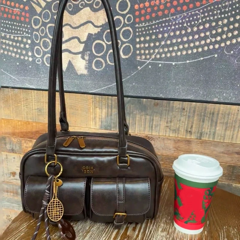 

Винтажная сумка для боулинга, модная сумка с несколькими карманами и подвеской, простая городская сумка-мессенджер, повседневная и универсальная сумка через плечо.