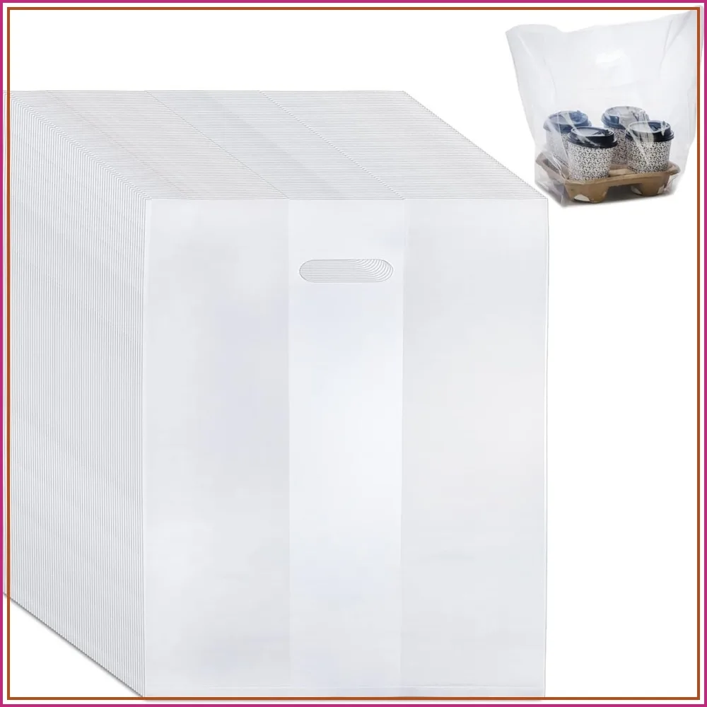 

100 PCS Large Handle Drinking Poly Bag, Clear Cup Carrier for 4-Cup Coffee Tray, 9"L x 17"H Plastic Packaging Bag for Beverage Delivery