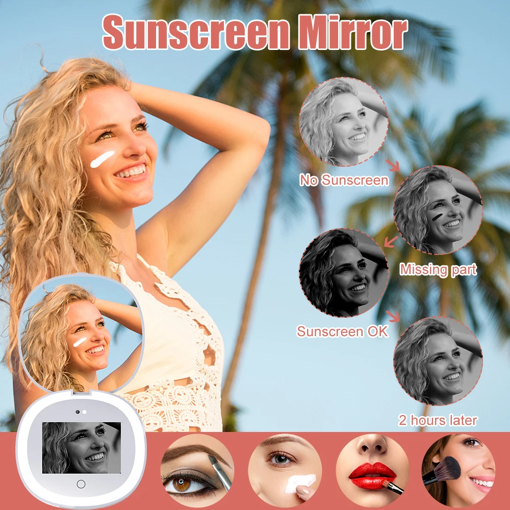 New Design Sunscreen Test UV Mirror 3X Magnification Travel Makeup Mirror 3 Color Light Adjustable LED Mirror
