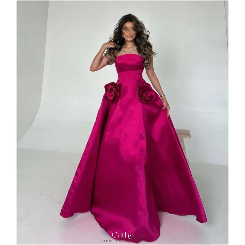 Cathy Rose Red Exquisite Satin Party Dresses Strapless Floral Sleeveless vestidos de noiva Floor-Length Evening Dresses 2024