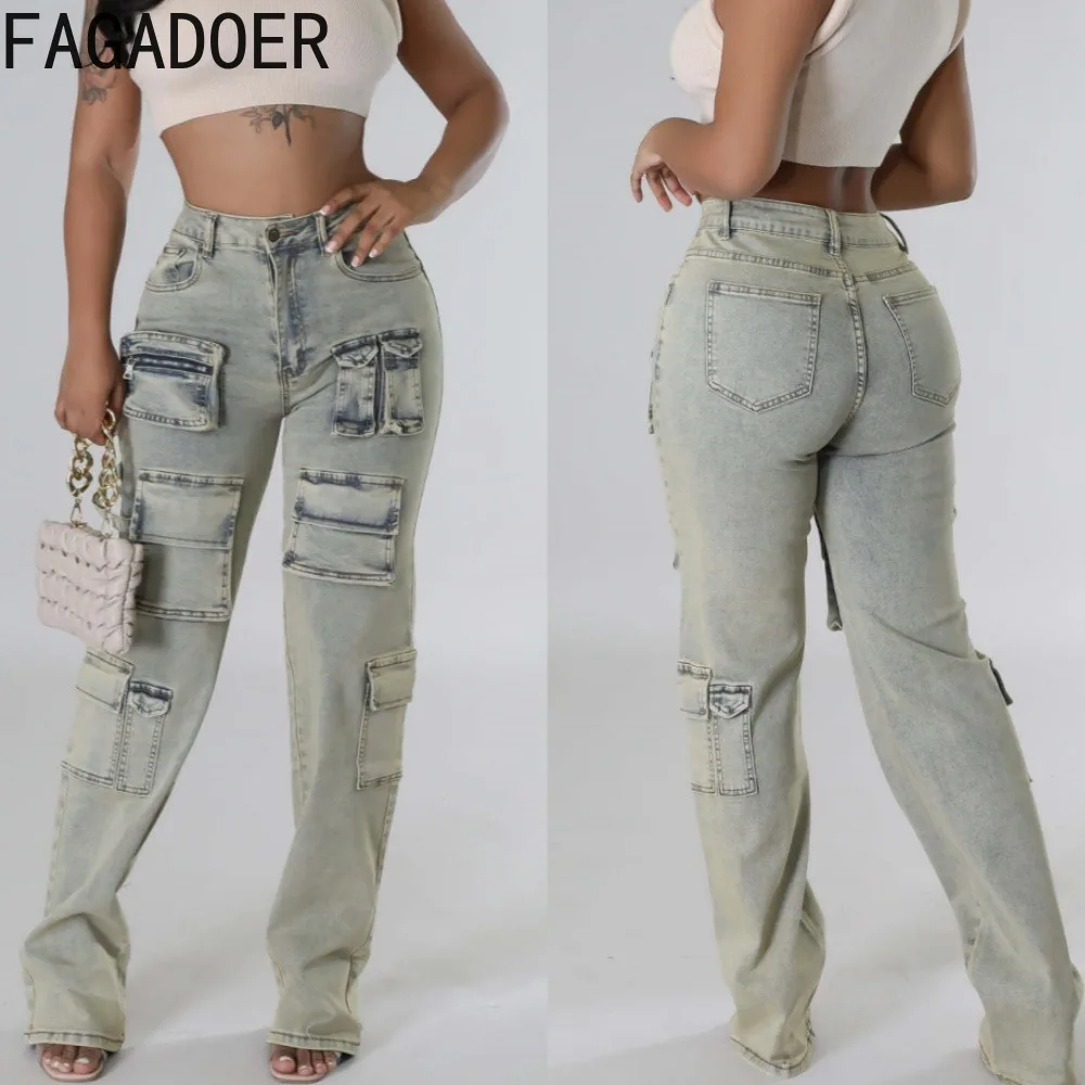 

FAGADOER Casual Elasticity Denim High quality Washed Pants Women Light Color Pocket Cargo Pants Female Matching Cowboy Trousers