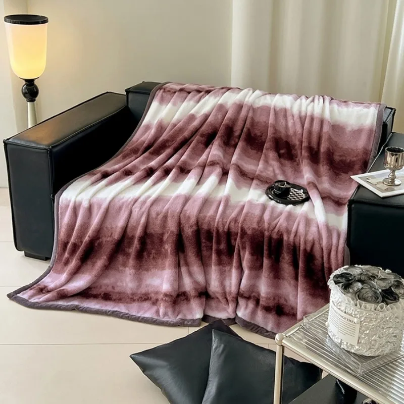 

2025 new high gram weight stripe smudging blanket multi-functional office nap leisure blanket rabbit plush hemming blanket