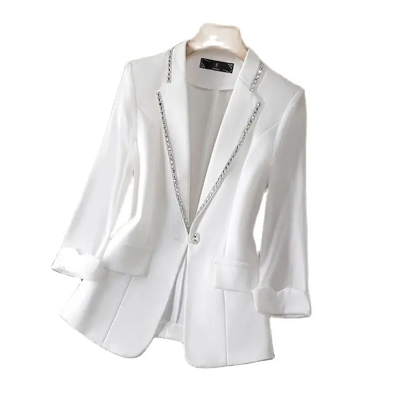 Diamant verkrusteter Blazer 2023 Frühling und Sommer neue Dreiviertel-Ärmel High-End-Design Mode weiße Anzug jacke schwarzer Blouser