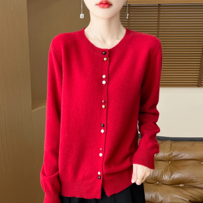 2024 Autumn New Knitted Wool Round Neck Cardigan Women's Knitted Coat Color Buckle Thin Long Sleeve Top