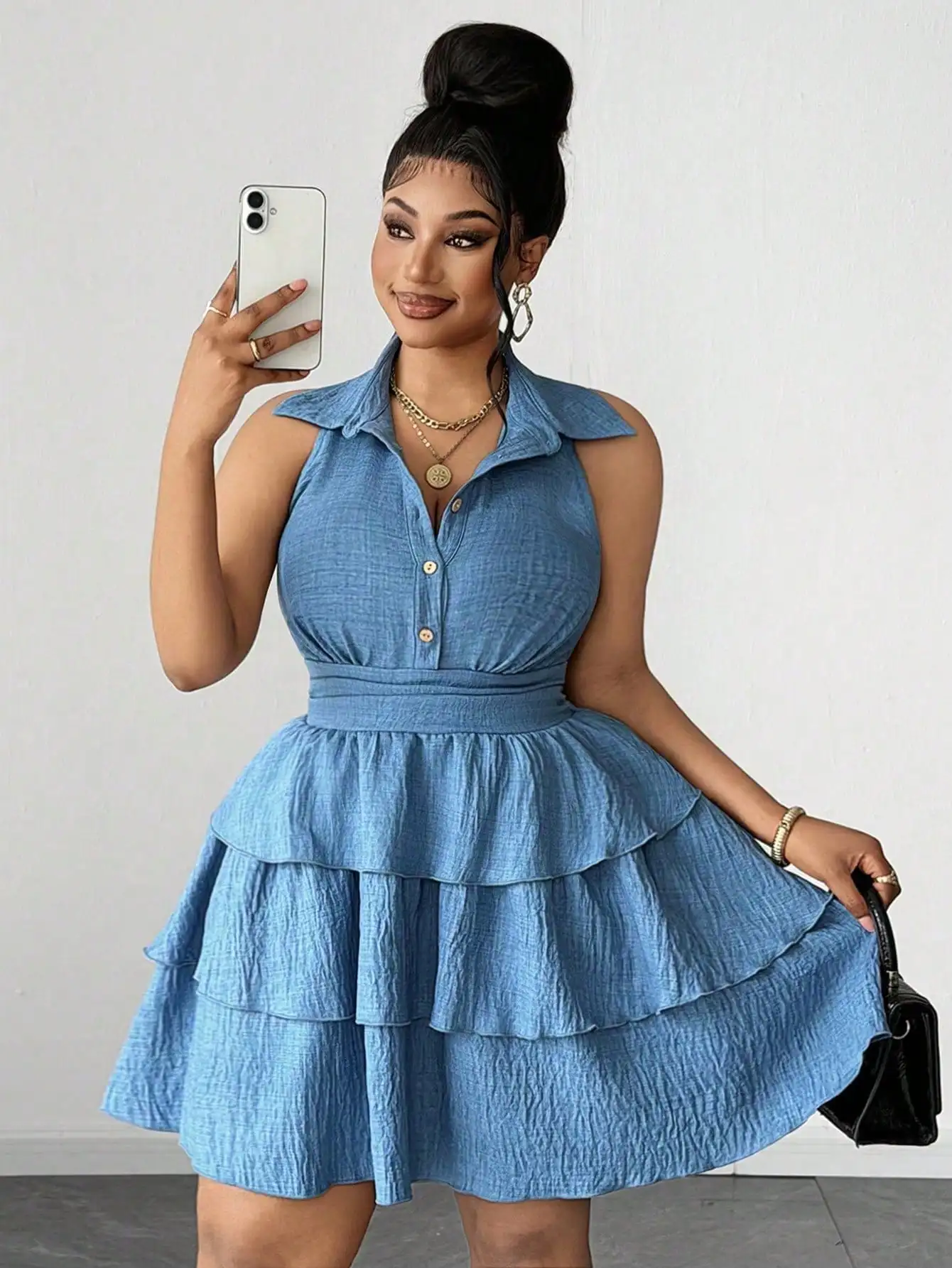 

Plus Size Solid Blue Denim-Style Sleeveless Collar Dress With Tiered Ruffle Skirt And Button Front