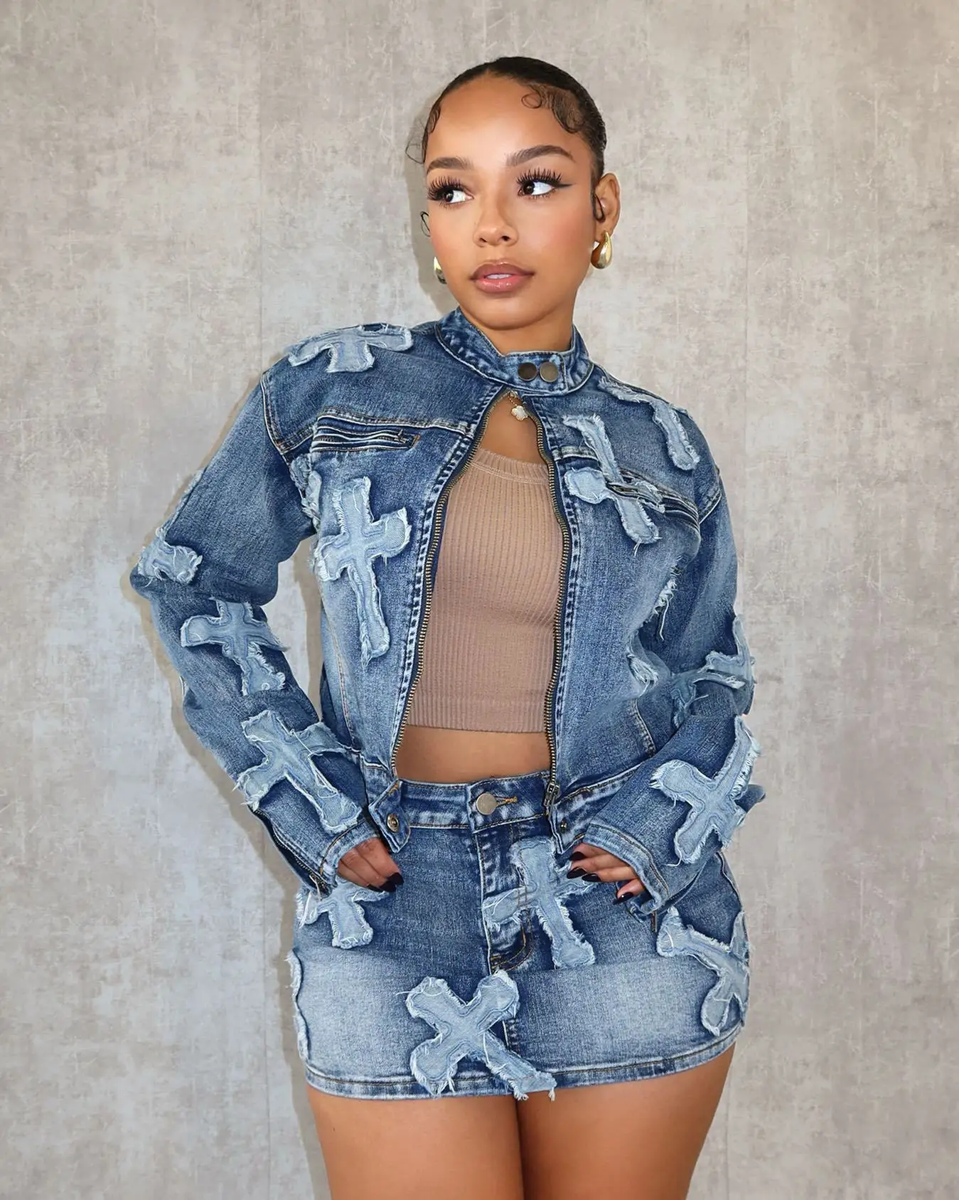 Denim Jacket Set 2 Piece Outfit Jean Tie Dye Dress Y2K Streetwear Sexy Jackets Coat Two Piece Set Outfits Winter Clothing