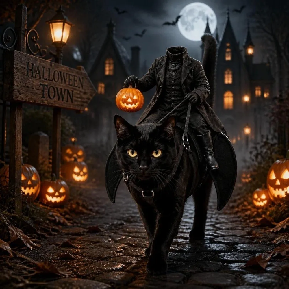 Creative Headless Horseman Cat Costume 3D Pumpkin Lantern Halloween Pet Costume Funny Black Cat Rider Costume Cosplay Event