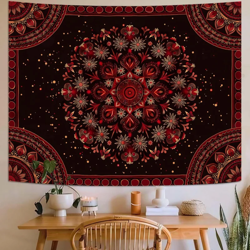 Black Backed Red Mandala Tapestry American Vintage Intricate Pattern Living Room Bedroom And Wall Decor Tapestry Hanging Cloth