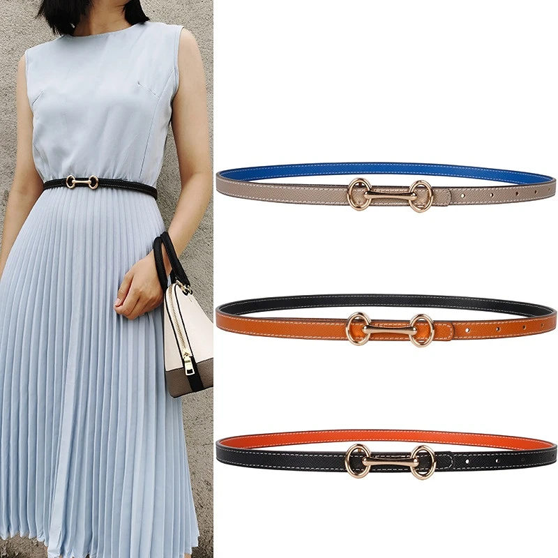 Double Sided Use Thin Pu Leather Belt for Women Dress Pants Waist Closing Decorative Belt Designer New Fashion Strap