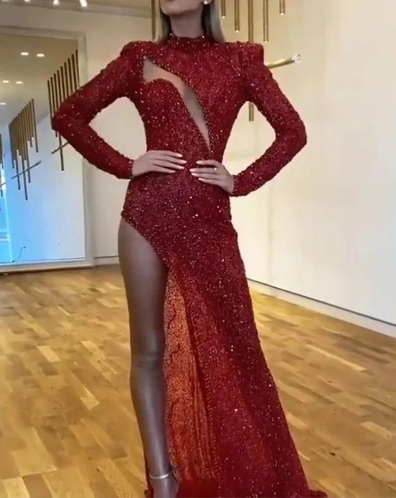 Luxury Women Red Sequin Evening Dress Sexy Hollow out Long Sleeve Party Dress Elegant Bodycon Gliter Split Bridesmaid Prom Dress