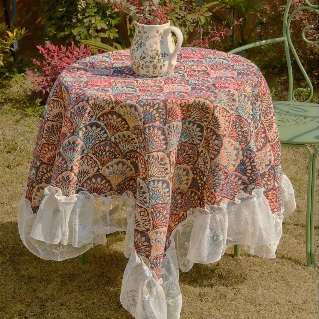 Jacquard Contrasting Geometric Tablecloth with Lace Ruffled Ruffle Rectangle Table Cloth For Dining Table Wedding Party Home