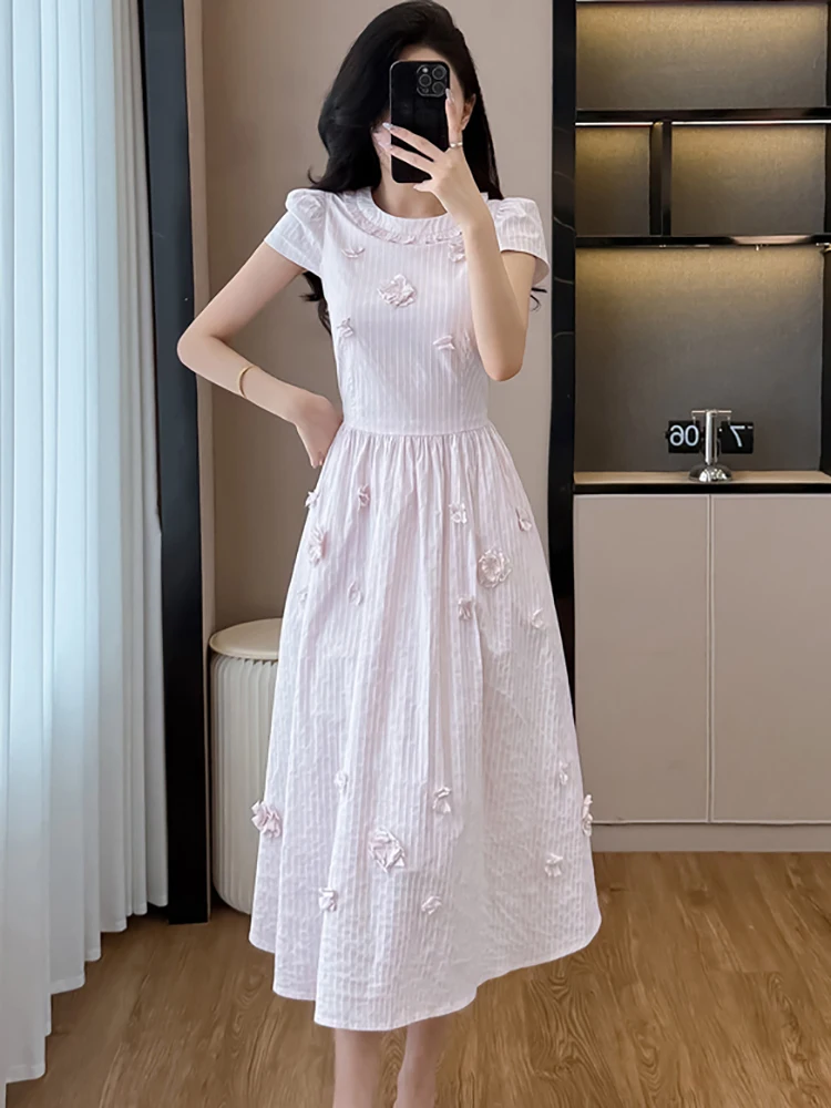 2025 neue Rosa Applikationen Kurzarm Casual Langes Kleid Frauen Elegante Chic Fesitval Party Kleid Sommer Koreanische Bodycon Prom Kleid