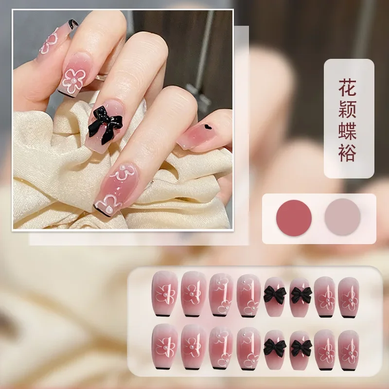 24Pcs/Set Fresh Pure Desire Acrylic Fake Nails Tips Small Flash Checkerboard Bowknot Wearing False Nails French Press on Nails