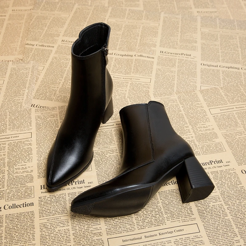 Aphixta 6.5cm High Heel Ankle Boots Patent Leather Women Winter Boots Pointed Toe Elegant Zip Concise Black Footwear Women Shoes