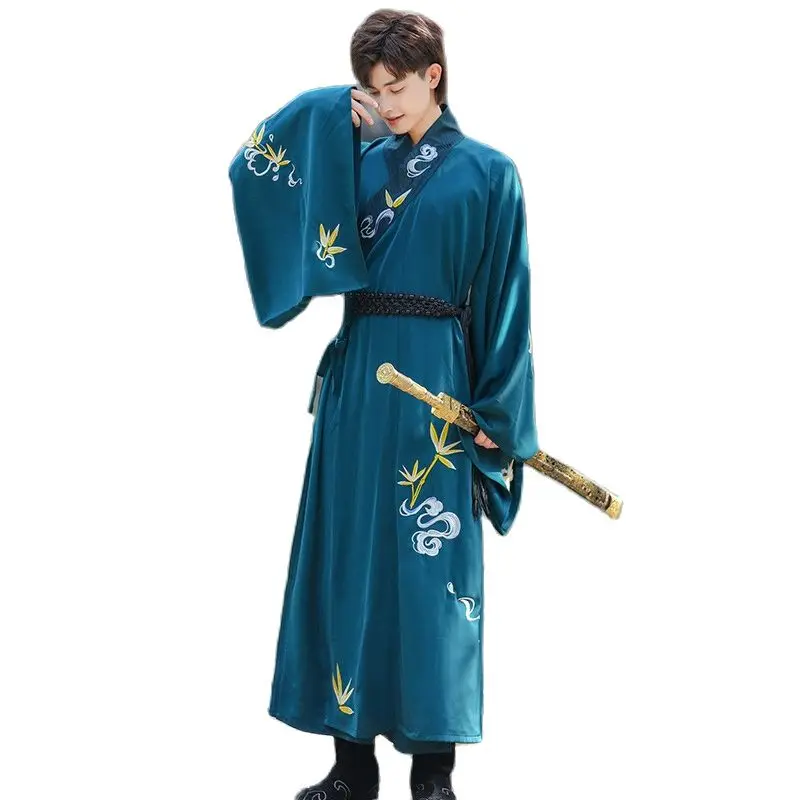 Hanfu Men's vintage Pattern embroidered tang suit long Sleeve costume blue Sets Swordsman Chinese ancient Clothes