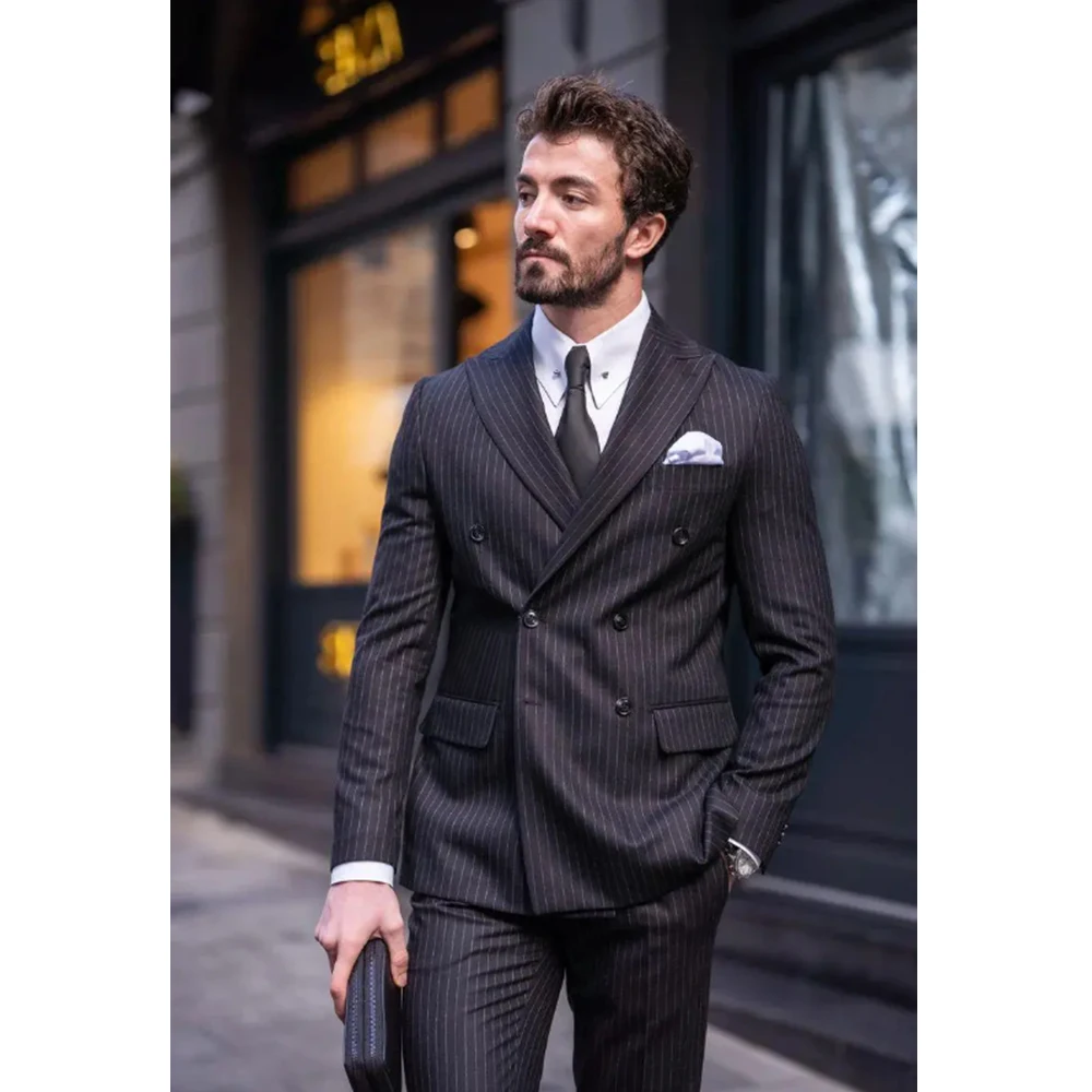 Chic Black Pinstripe Male Suit Slim Two Piece Fashion Business Casual Office Outfits Elegant Peak Lapel Double Breasted Suits