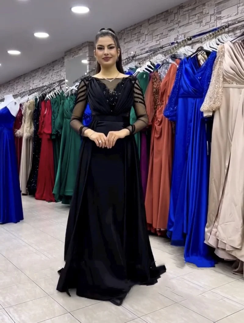 

Black Tulle Evening Dress Round Neck Beaded Satin Long Sleeves A-Line Arabic Mermaid Celebrity For Women Formal Prom Gowns