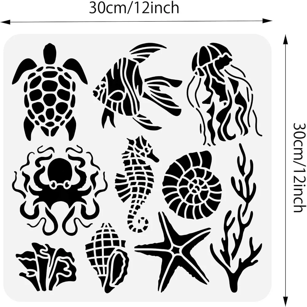 Sea Creatures Painting Stencil, Turtle Octopus Jellyfish Conch Coral Ocean Creatures Stencils Template for DIY Crafts