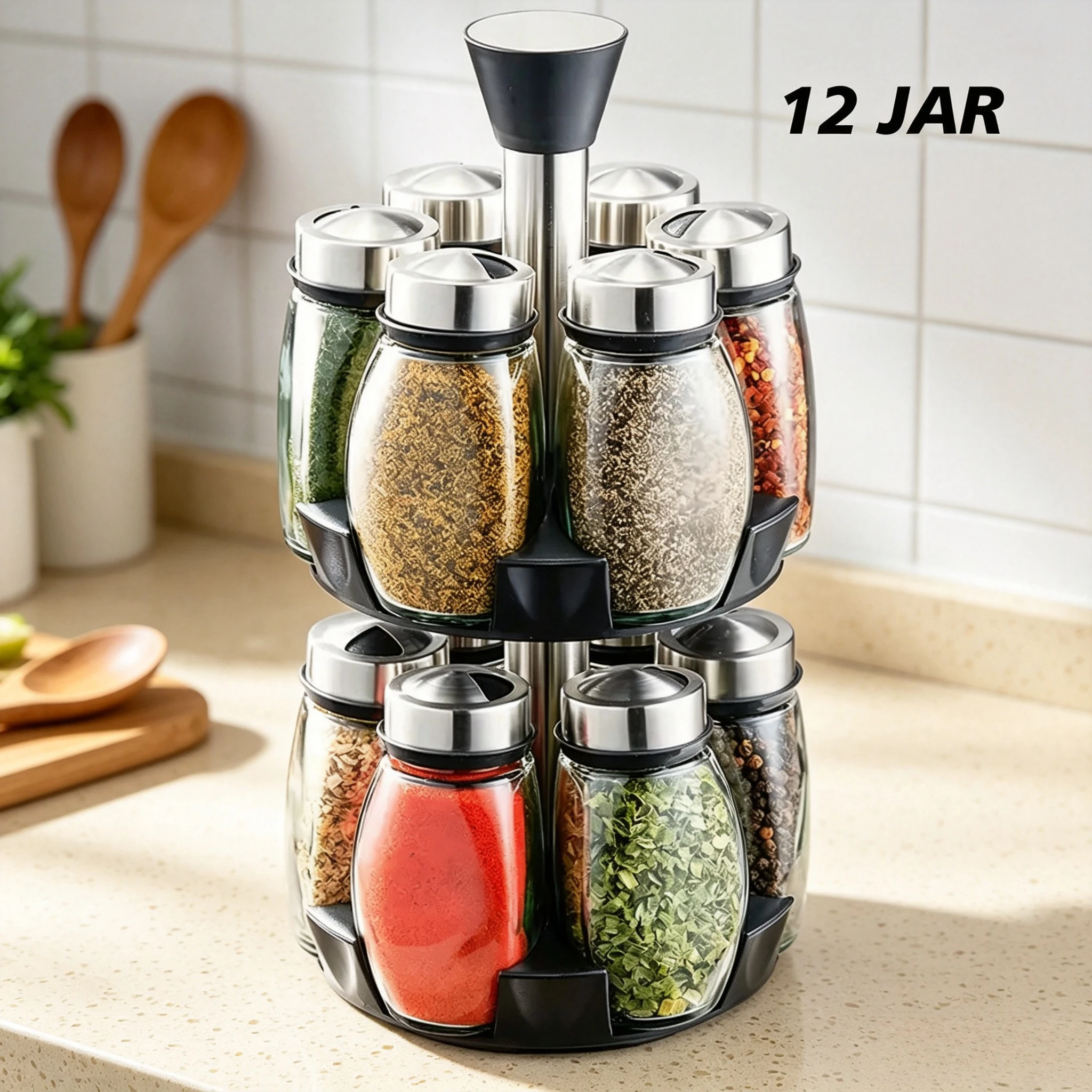 Food Storage In Cabinets - 360° Rotating Spice Rack Tower, 12-Jar