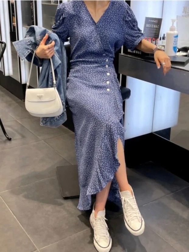 Ele Vintage Floral Dr Chic V-Ne Schlankheitsender einteiliger langer Rock ort Sve Damen Faion Summer Chinese Sle