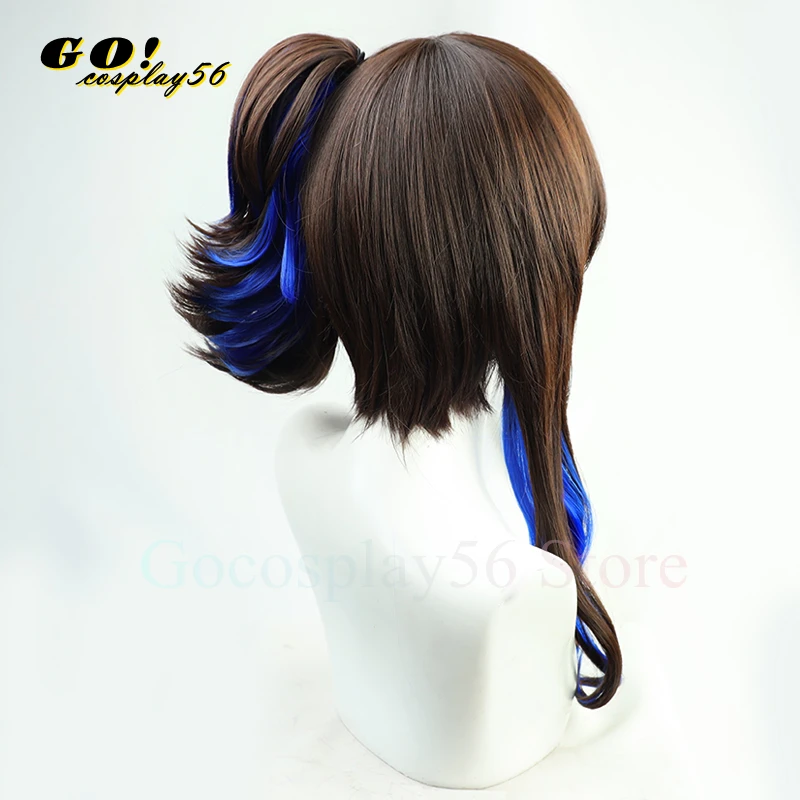 Derby Daitaku Helios Cosplay Wig Tail Curly Ponytail Brown Mixed Blue Hair Women Girls NEW Idol Role Play