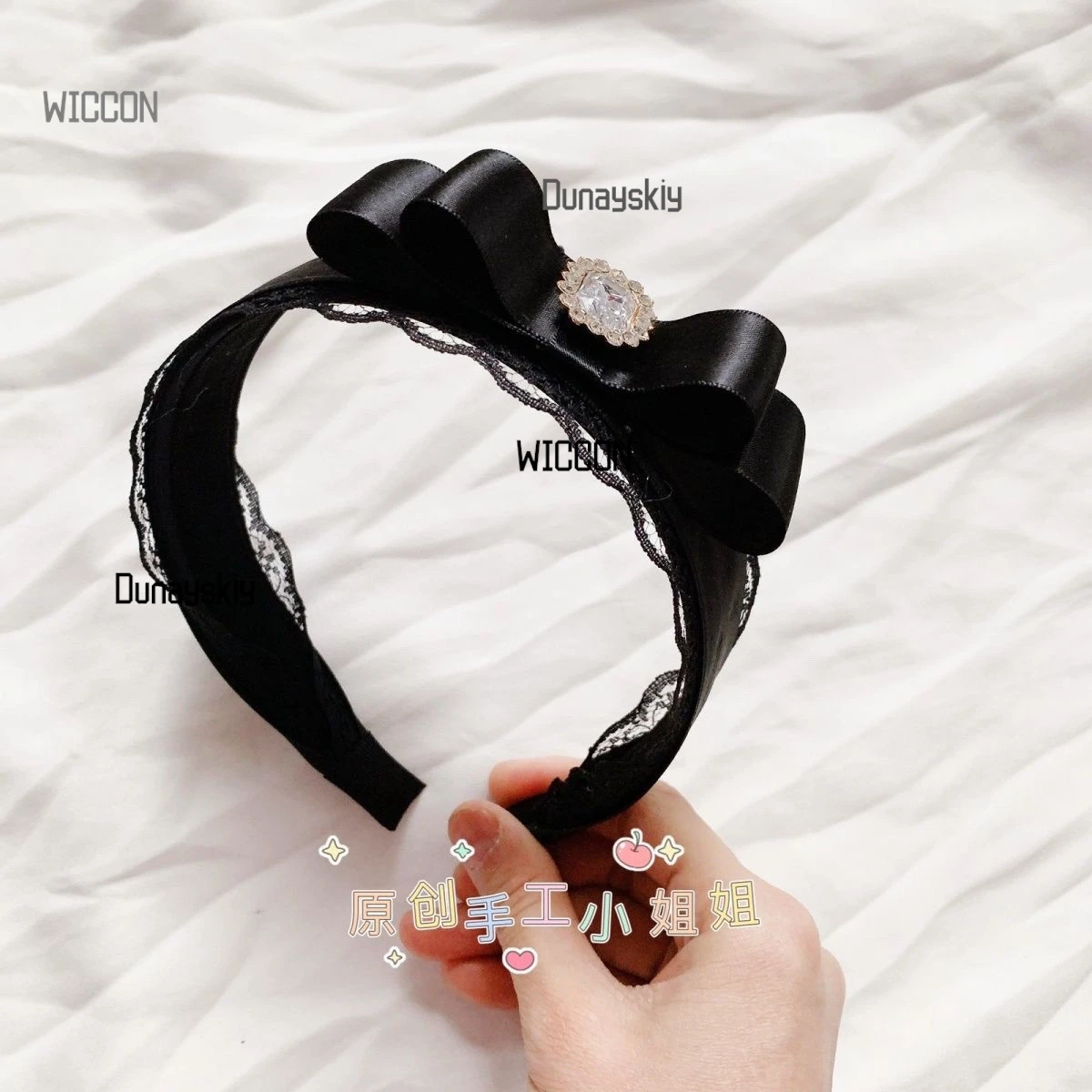 جيراي كي القوطية الظلام kawaii الأسود مقوس دانتيل واسعة عقال حجر الراين لوليتا تأثيري مشبك شعر محيطي اكسسوارات تأثيري