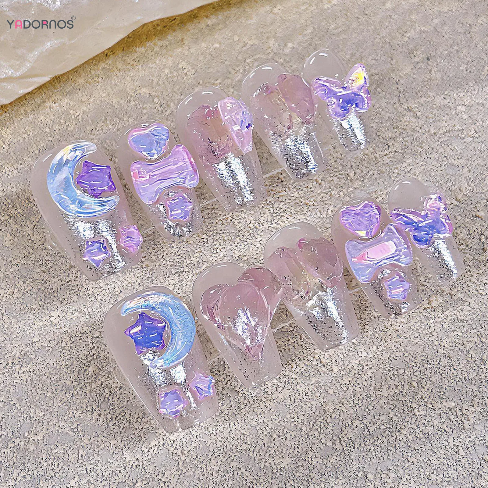 Clear Pink Handmade Unhas Falsas, Wearable, Comprimento Médio, Pressione, Amor, Coração, Borboleta, Lua, Estrela, Projetado